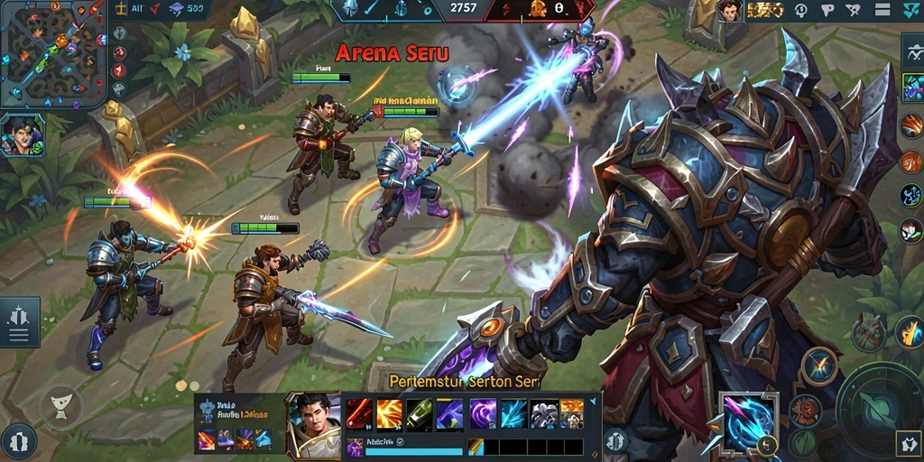 Tampilan gameplay seru dalam arena pertarungan MOBA.