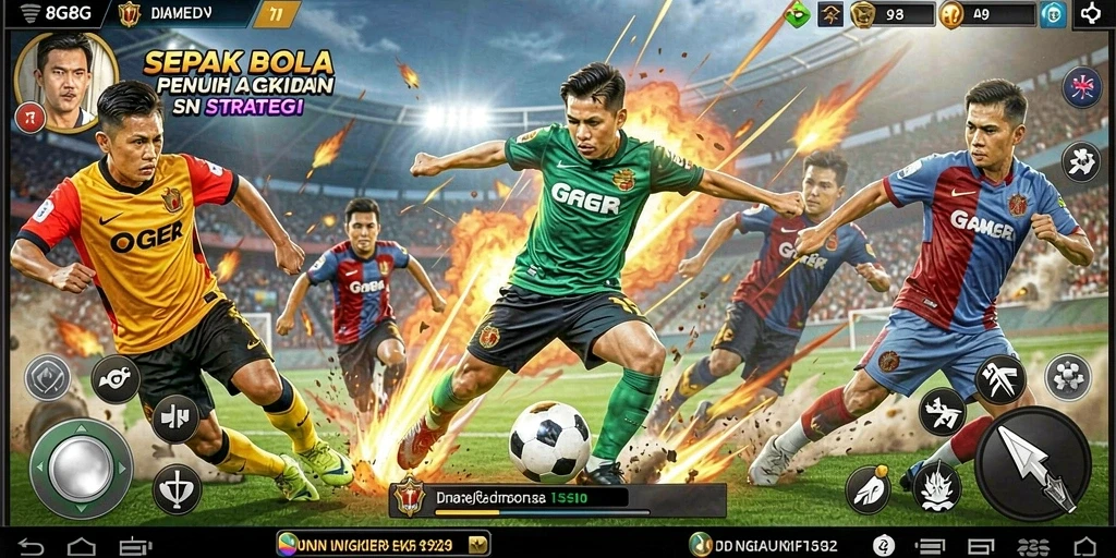 Screenshot gameplay 8G8G dengan aksi sepak bola yang mendebarkan.