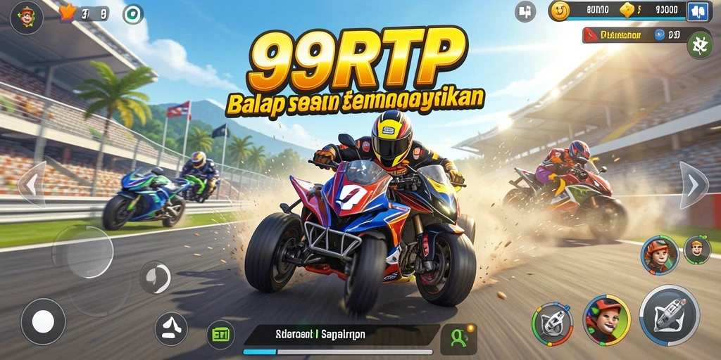 Tampilan gameplay 99RTP dengan mobil balap melaju kencang di lintasan.