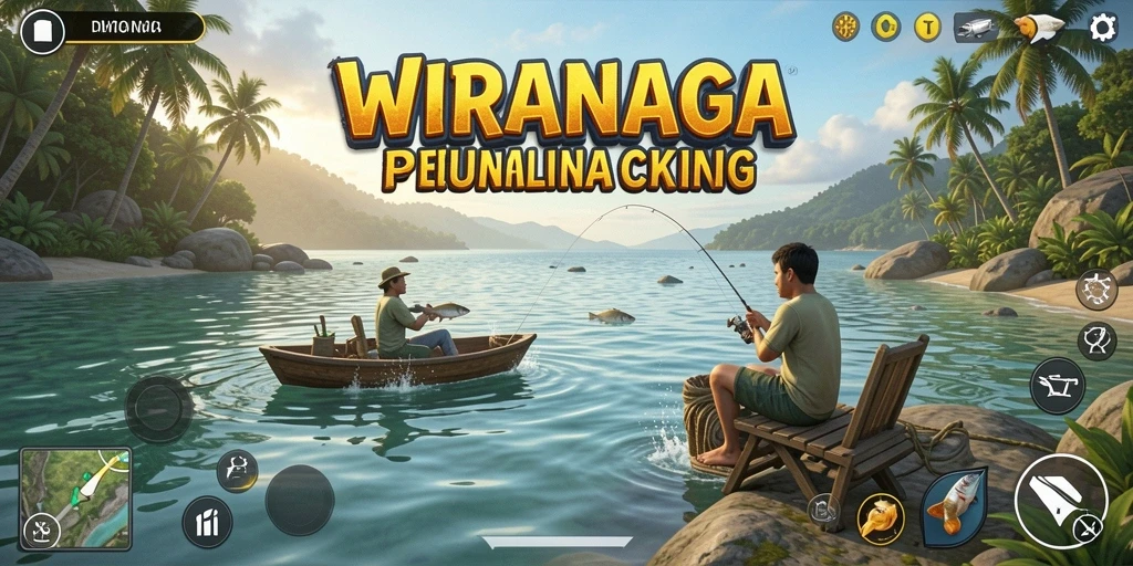 Tampilan gameplay WIRANAGA dengan aktivitas memancing yang seru.